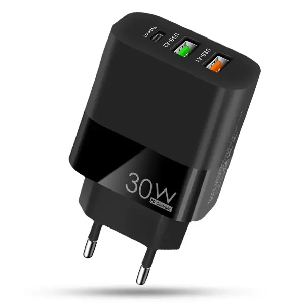 Incarcator Retea Timebox, 3 Porturi, 30W, 1 x Type-C, 2 x USB, LED, Negru - Default Title