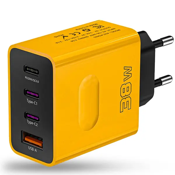 Incarcator Retea Timebox, 4 Porturi, 38W, 3 x Type-C, 1 x USB, Galben - Default Title