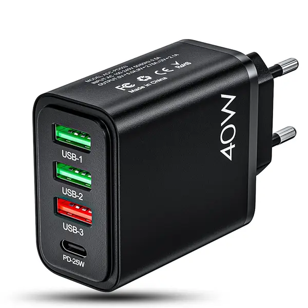 Incarcator Retea Timebox, 4 Porturi, 40W, 1 x Type-C, 3 x USB, Negru - Default Title