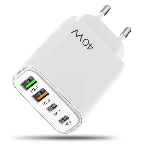 Incarcator Retea Timebox, 4 Porturi, 40W, 2 x Type-C, 2 x USB, Alb - Default Title