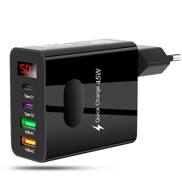 Incarcator Retea Timebox, 4 Porturi, 45W, 2 x Type-C, 2 x USB, Negru - Default Title