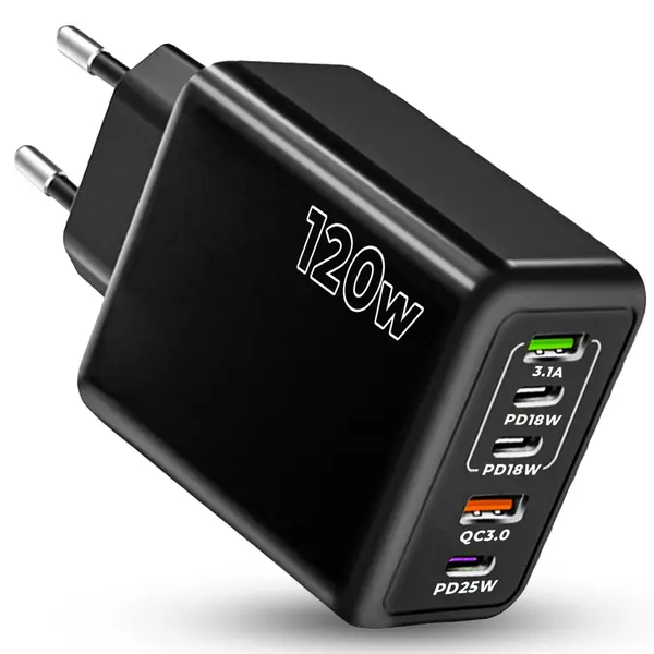 Incarcator Retea Timebox, 5 Porturi, 120W, 3 x Type-C, 2 x USB, Negru - Default Title