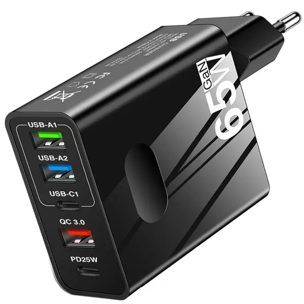 Incarcator Retea Timebox, 5 Porturi, 65W, 3 x USB, 2 x Type-C, QC 3, Negru - Default Title