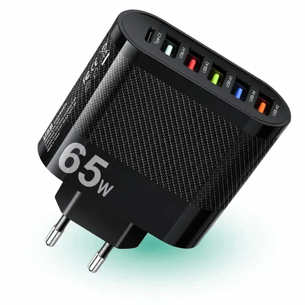 Incarcator Retea Timebox, 6 Porturi, 65W, 1 x Type-C, 5 x USB, Negru - Default Title