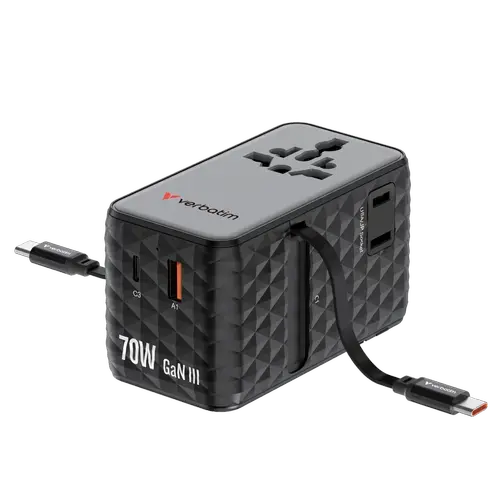 Incarcator retea Verbatim Charge 'n' Travel GaN, 70 W, 2 cabluri retractabile, 3 x USB-C, USB-A (Negru)