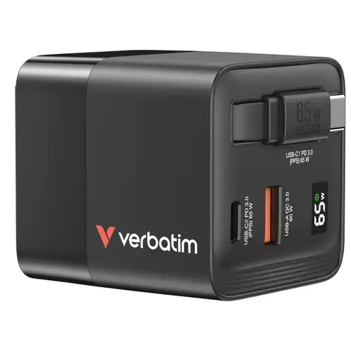 Incarcator retea Verbatim GaN, 65 W, 2 x USB-C PD 65 W, 1 x USB-A QC 3.0, Cablu retractabil (Negru/Gri)