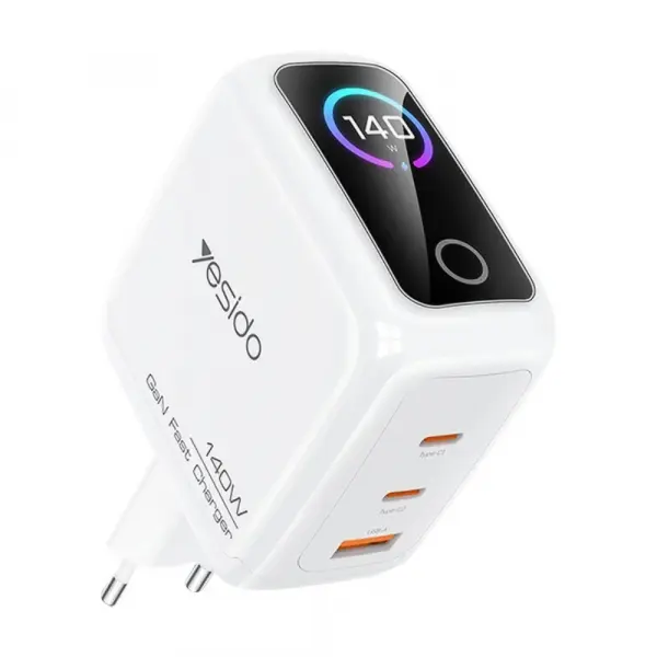 Incarcator Retea Yesido YC114 Display, 140W, 5A, 1 x USB-A - 2 x USB-C, Alb