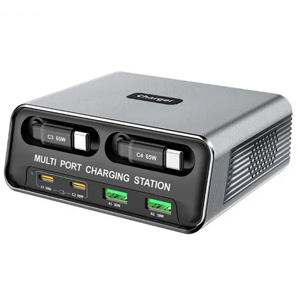 Incarcator Statie Cu Cablu USB-C OEM WLX-60C, 130W, 2 x USB-A - 2 x USB-C, Gri