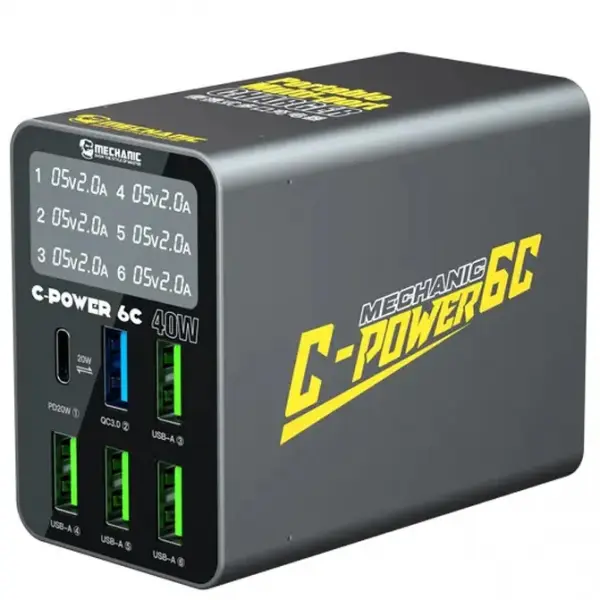 Incarcator Statie Mechanic 6C with Display, 40W, 3A, 1 x USB-C - 5 x USB-A, Negru