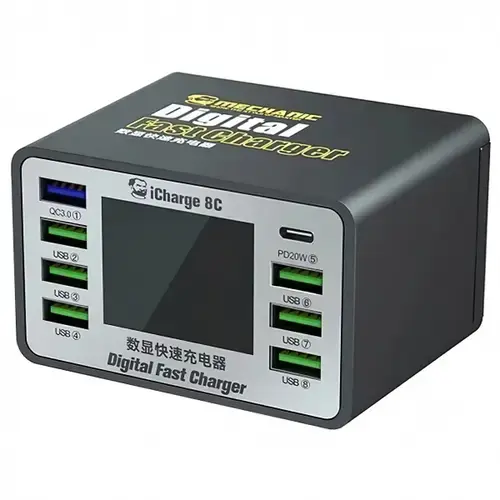 Incarcator Statie Mechanic 8C with Display, 50W, 3A, 7 x USB-A - 1 x USB-C (Negru)