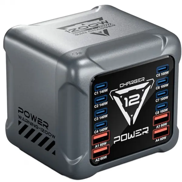 Incarcator Statie OEM BK-127D, 280W, 5A, 4 x USB-A - 8 x USB-C, Gri