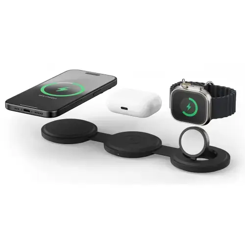 Incarcator Wireless 3 in 1 pliabil Qi2 Satechi ST-QTG31K, pentru dispozitivele Apple, Magsafe, Statie de incarcare pentru Iphone, AppleWatch, AirPods, Samsung, OnePlus (Negru)