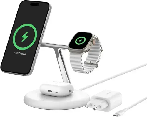 Incarcator Wireless Belkin BOOST CHARGE 3-in-1 Magnetic, Stand, Qi2 15W (Alb)