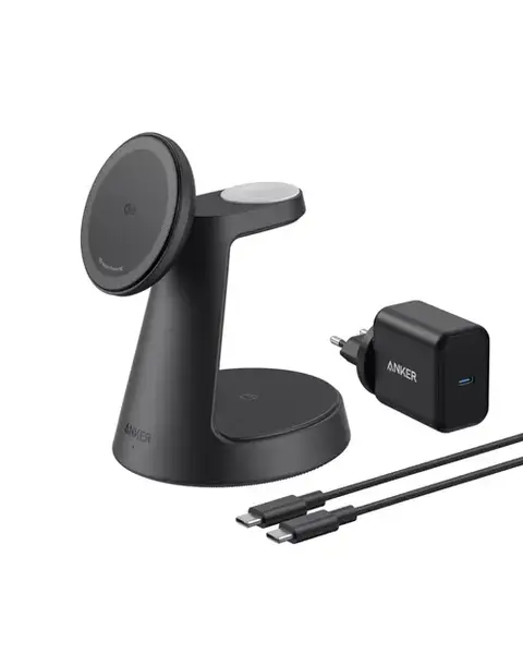 Incarcator wireless magnetic Anker MagGo 3-in-1 MagSafe Qi2 15 W, incarcator si cablu inclus (Negru)