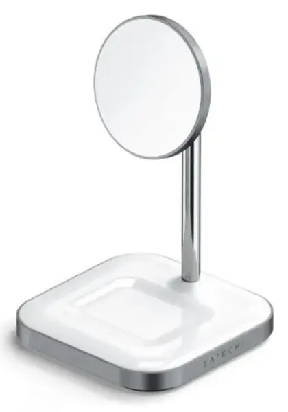 Incarcator Wireless Satechi Aluminium 2-in-1 Magnetic ST-WMCS2M pentru Apple iPhone Serie 12 si AirPods (Alb)