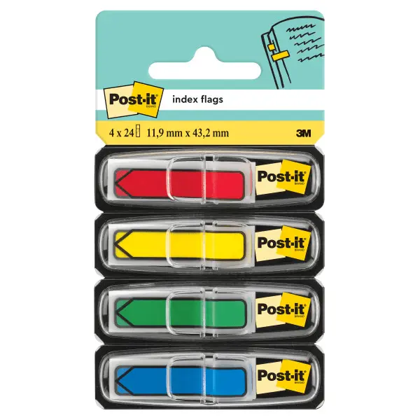 Index sageata Post-it ® 11.9 mm x 43.2 mm 4 culori asortate in dispenser 24 file/culoare Index Post-It 3M Sageata plastic 4 culori