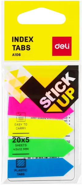 Indici autoadezivi Deli - Arrow, 43 x 12 mm, 5 x 20 foi, neon