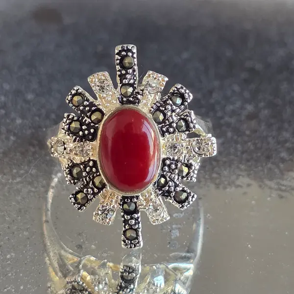 Inel argint carneol, marcasit, zirconiu | FLOWER