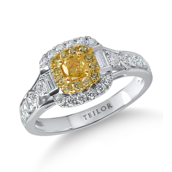 Inel clasic din aur alb-galben cu diamante galbene cushion si rotunde si diamante incolore baguette si rotunde de 1.6ct