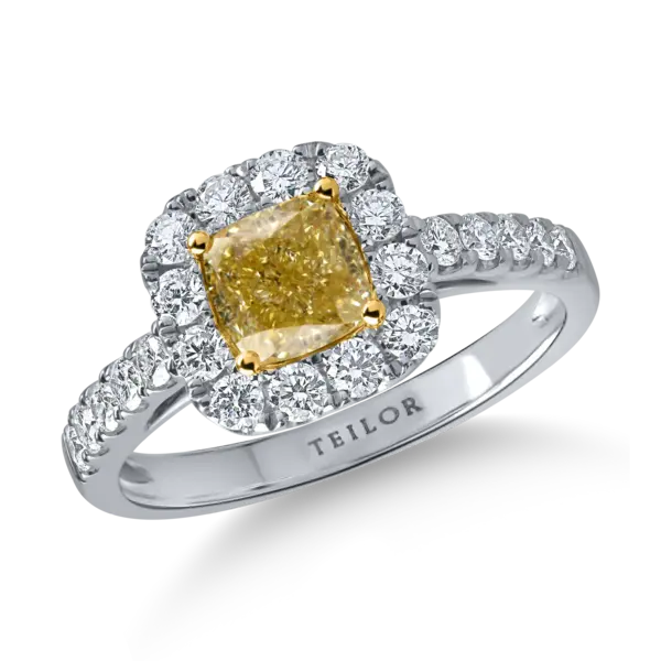 Inel clasic din aur alb-galben cu diamante galbene cushion si diamante incolore de 1.7ct