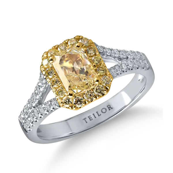 Inel clasic din aur alb-galben cu diamante galbene rectangulare si rotunde si incolore de 1.5ct