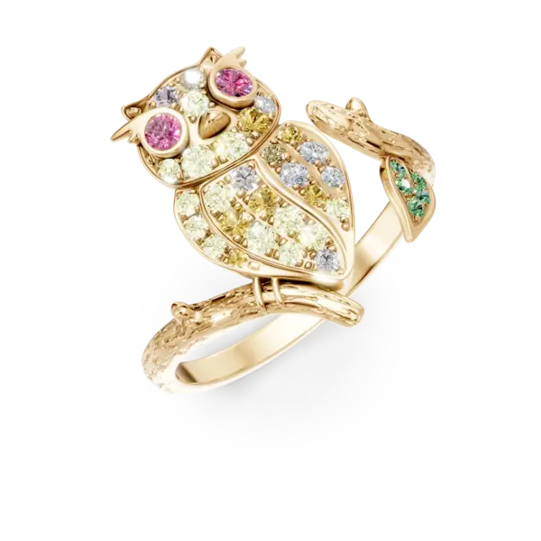 Inel cu bufnita din aur galben cu pietre pretioase si semipretioase de 0.58ct