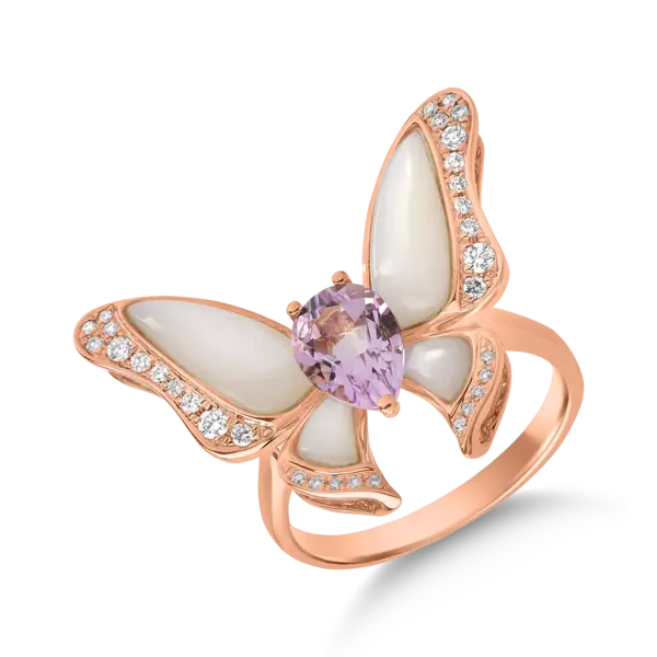 Inel cu fluture din aur roz cu pietre pretioase si semipretioase de 4.2ct