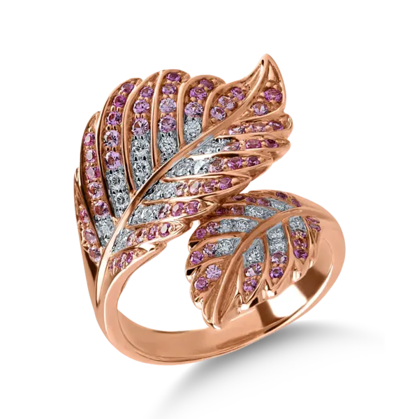 Inel cu frunza din aur roz cu diamante de 0.22ct si safire roz de 0.67ct