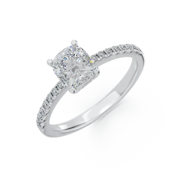 Inel de logodna din aur alb cu diamant cushion de 1ct si diamante de 0.1ct