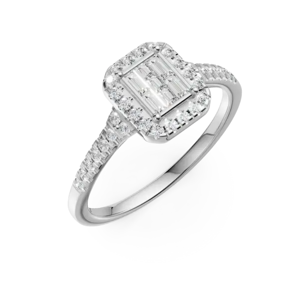 Inel de logodna din aur alb cu diamante baguette, princess si rotunde de 0.3ct