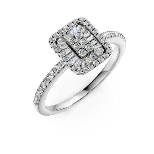Inel de logodna din aur alb cu diamante baguette si rotunde de 0.26ct