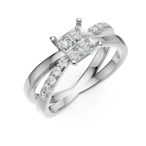 Inel de logodna din aur alb cu diamante princess de 0.37ct si diamante de 0.09ct