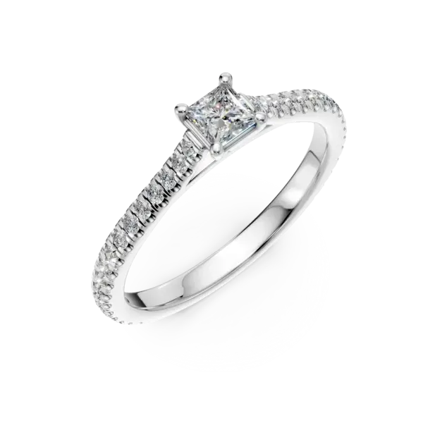 Inel de logodna din aur alb cu un diamant princess de 0.2ct si diamante de 0.1ct