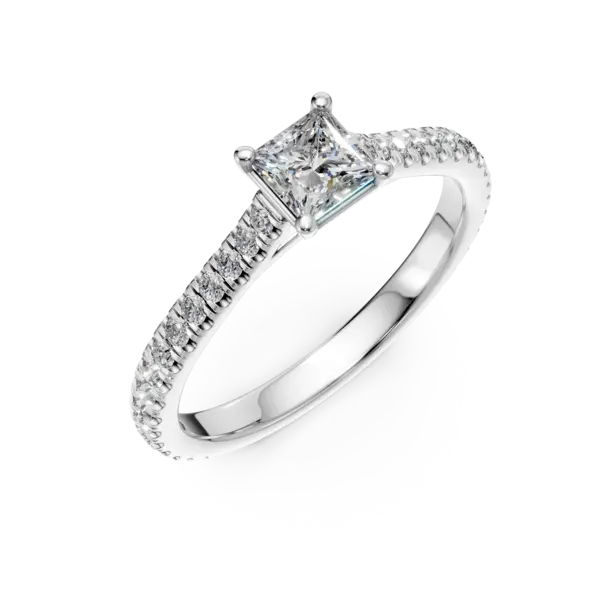 Inel de logodna din aur alb cu un diamant princess de 0.4ct si diamante de 0.1ct