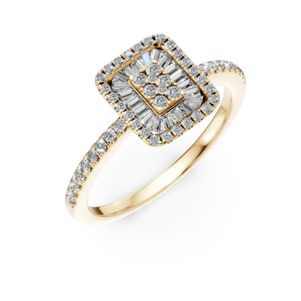 Inel de logodna din aur galben cu diamante baguette si rotunde de 0.2ct