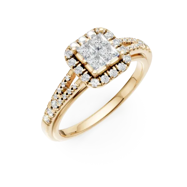 Inel de logodna din aur galben cu diamante pincess de 0.26ct si diamante de 0.29ct