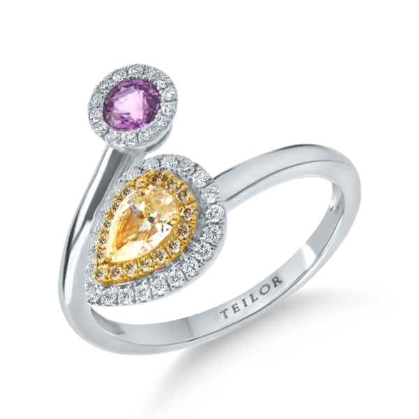 Inel deschis din aur alb cu diamant fancy galben pear de 0.4ct, safir roz de 0.3ct si diamante galbene si incolore de 0.1ct