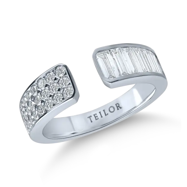 Inel deschis din aur alb cu diamante baguette si rotunde de 1.3ct