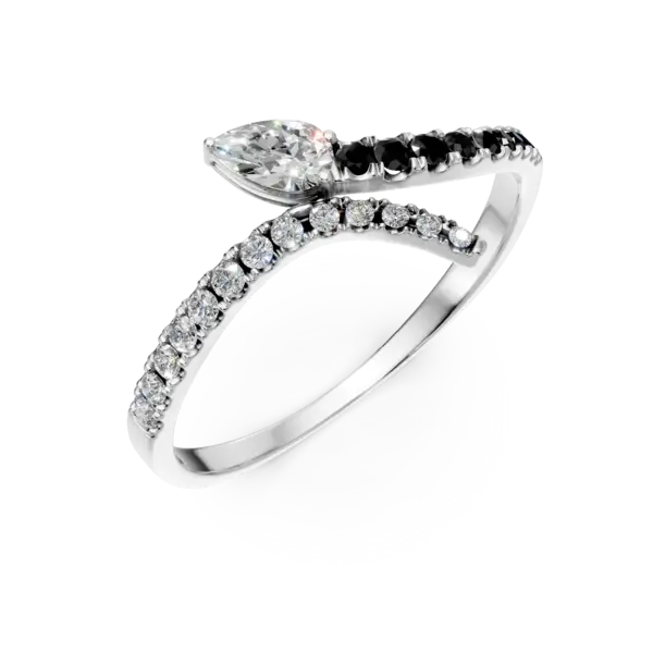 Inel deschis din aur alb cu diamante negre si diamante incolore pear si rotunde de 0.3ct