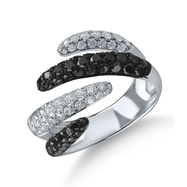 Inel deschis din aur alb cu diamante negre si incolore de 1.84ct