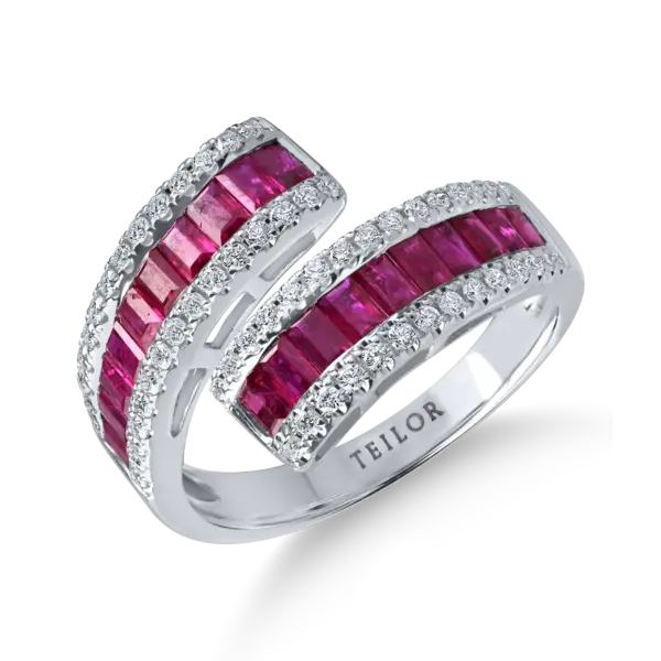 Inel deschis din aur alb cu rubine baguette de 1.5ct si diamante de 0.36ct