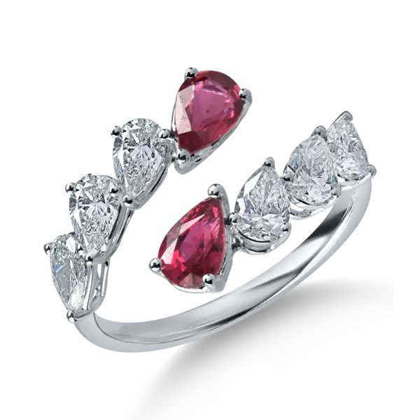 Inel deschis din aur alb cu rubine pear de 0.95ct si diamante pear de 1.25ct