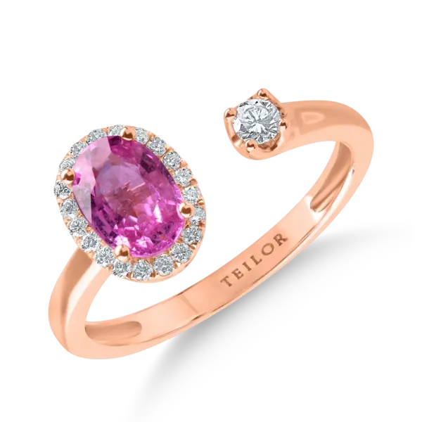 Inel deschis din aur roz cu safire roz de 0.97ct si diamante de 0.15ct
