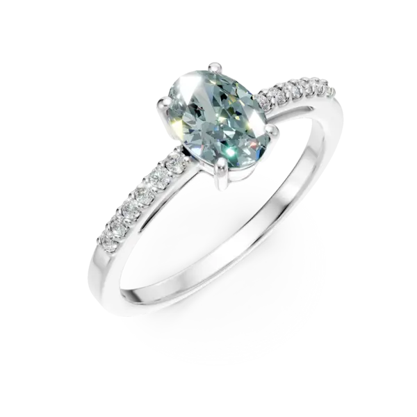 Inel din aur alb cu acvamarin oval de 0.6ct si diamante de 0.09ct