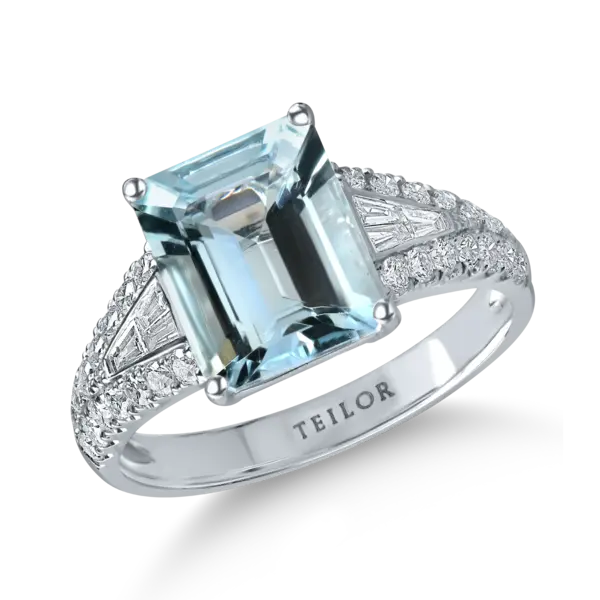 Inel din aur alb cu acvamarin rectangular de 2.4ct si diamante de 0.5ct