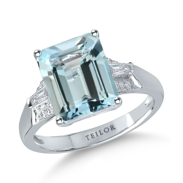 Inel din aur alb cu acvamarin rectangular de 3.2ct si diamante de 0.2ct