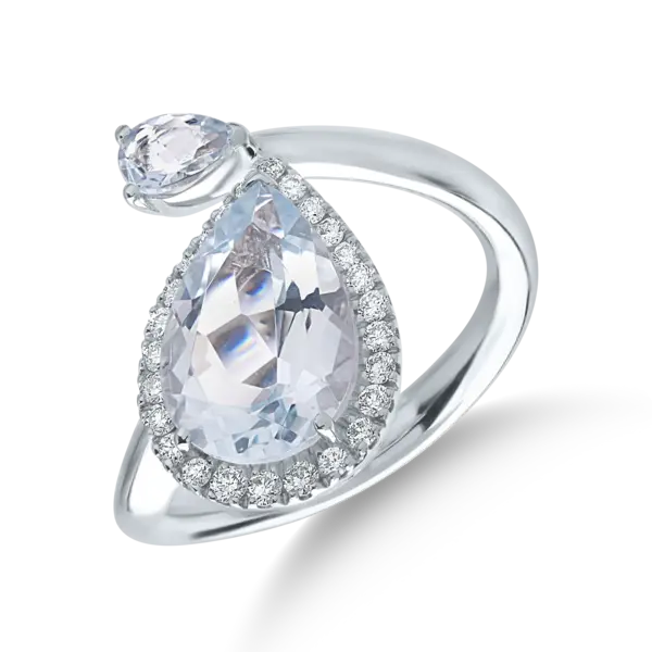 Inel din aur alb cu acvamarine pear de 2.89 si diamante de 0.24ct