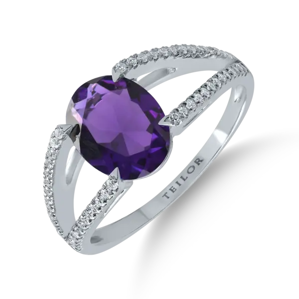 Inel din aur alb cu ametist oval de 1.3ct si diamante de 0.2ct