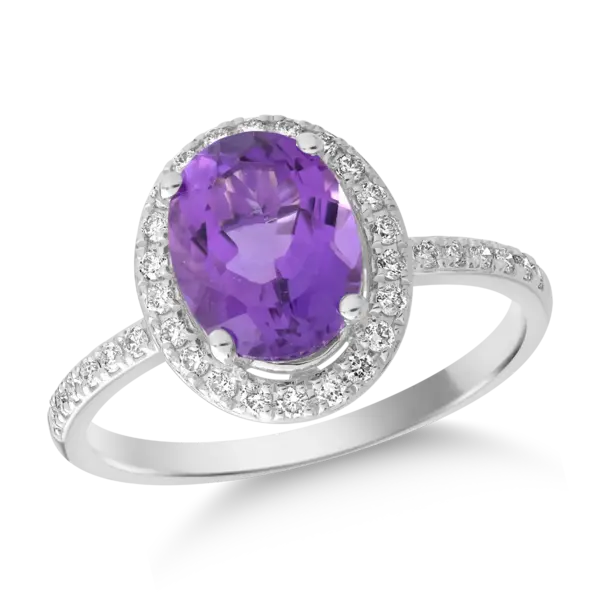 Inel din aur alb cu ametist oval de 2.1ct si diamante de 0.2ct