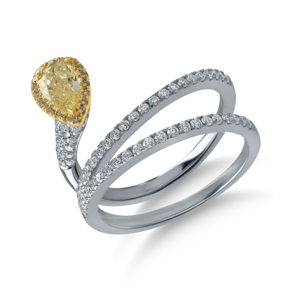 Inel din aur alb cu diamant fancy galben pear de 0.5ct si diamante galbene si incolore de 0.6ct